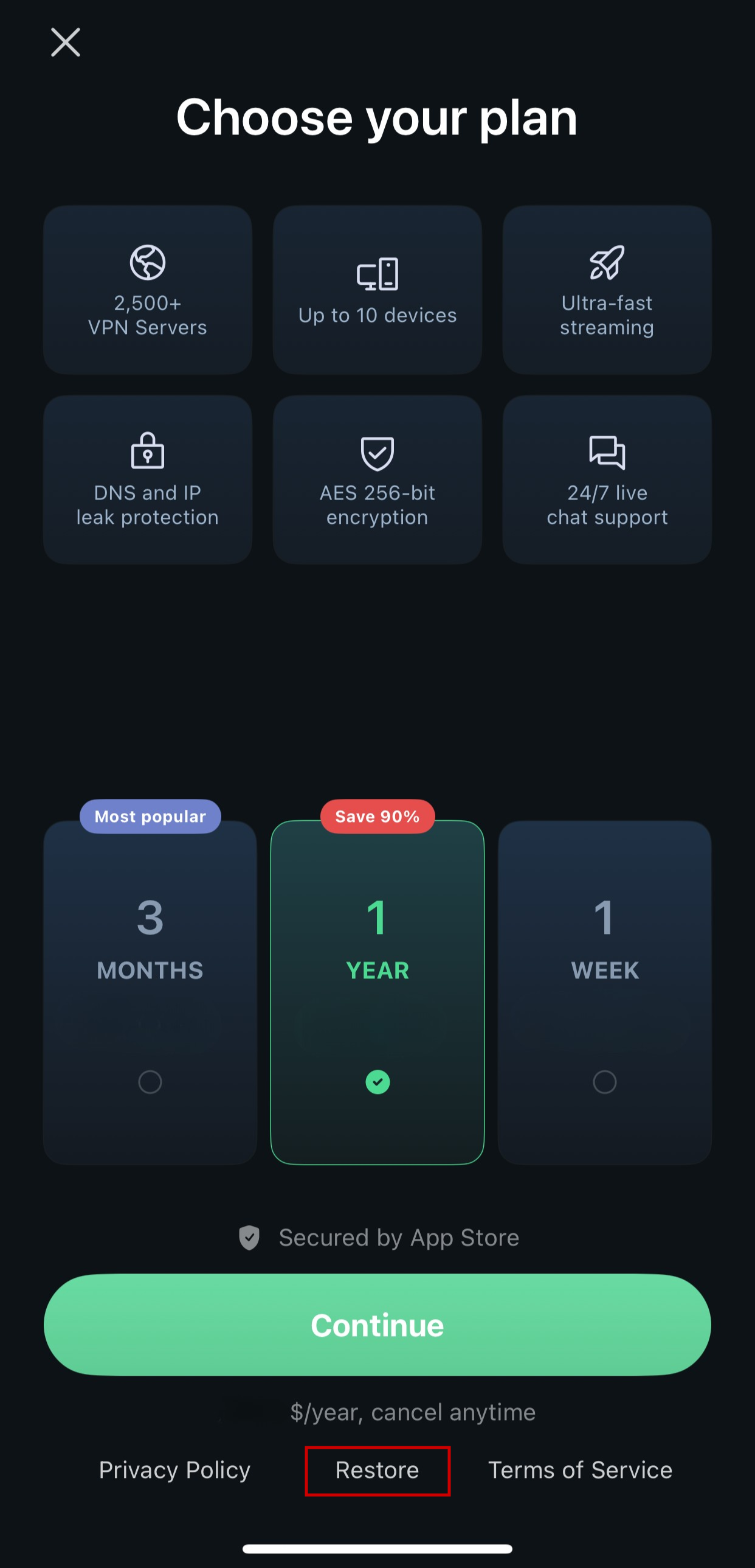 Welcome menu with highlighted Restore button to access App Store subscription