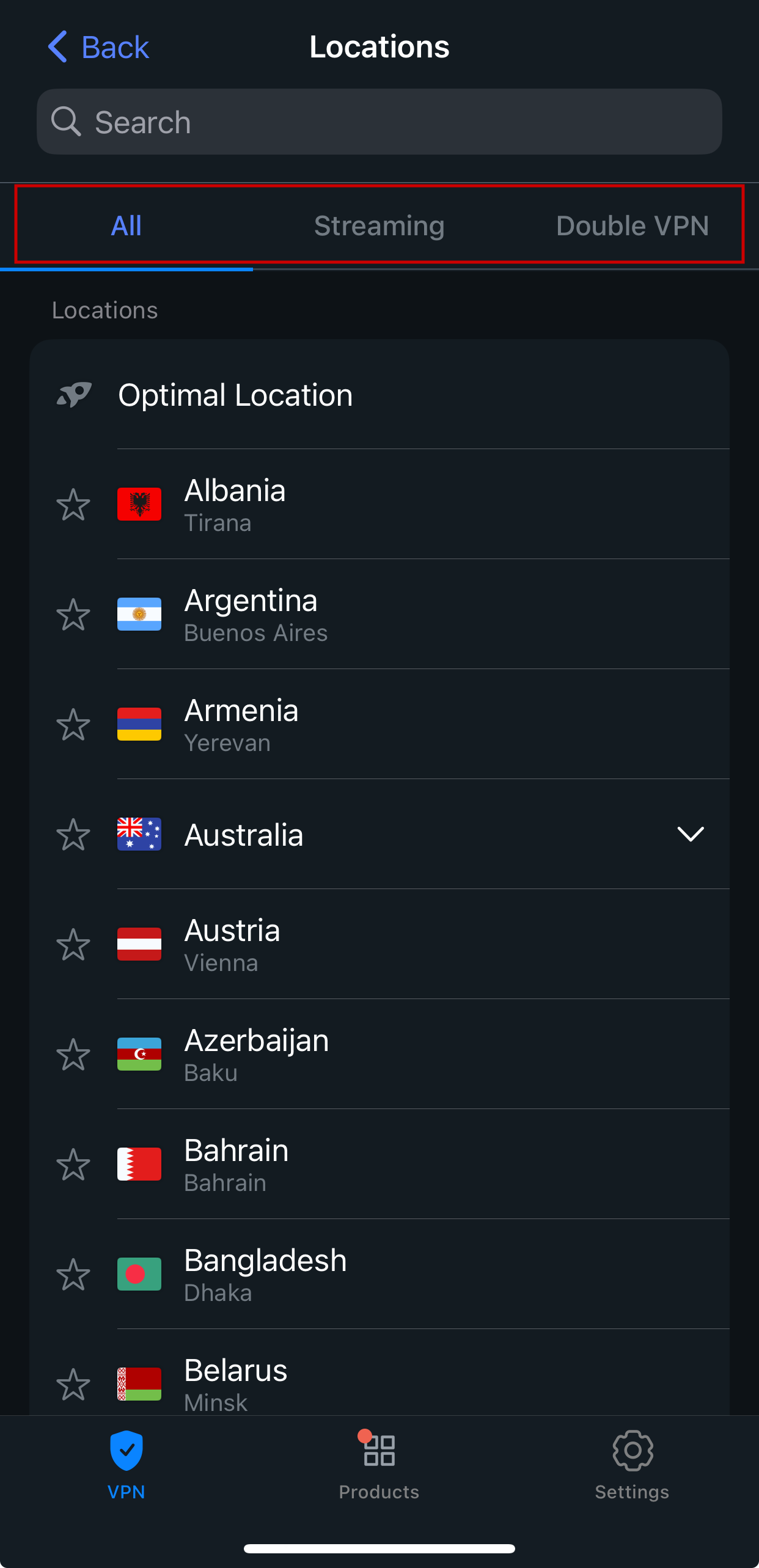 Location list with variety of locations and three tabs: All, Streaming and Double VPN