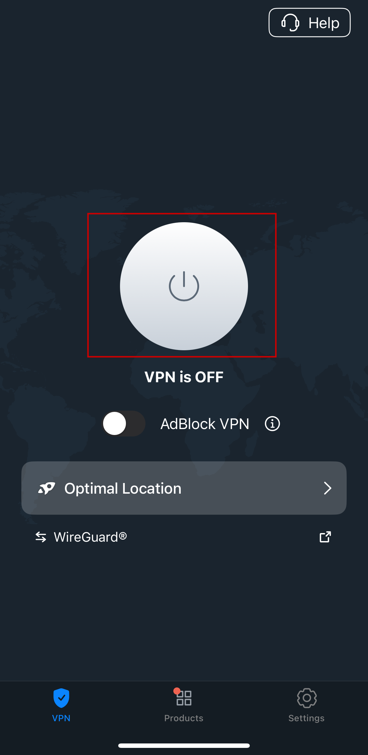 Main screen that highlights the connect button