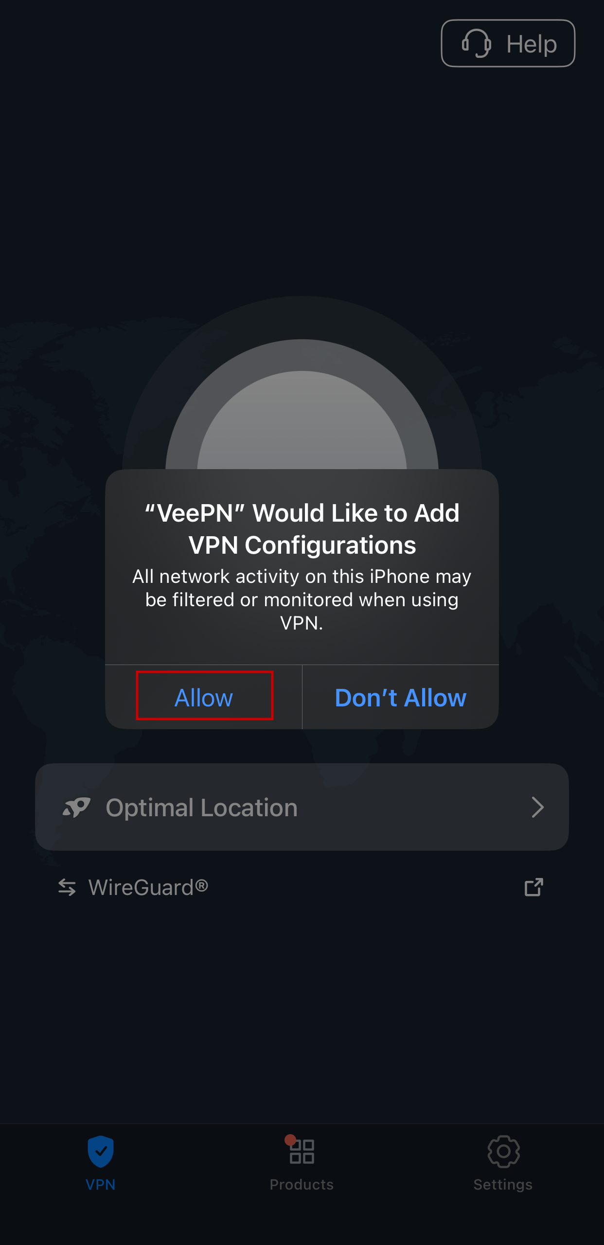 Pop up that asks permission to install VPN configuration on the device