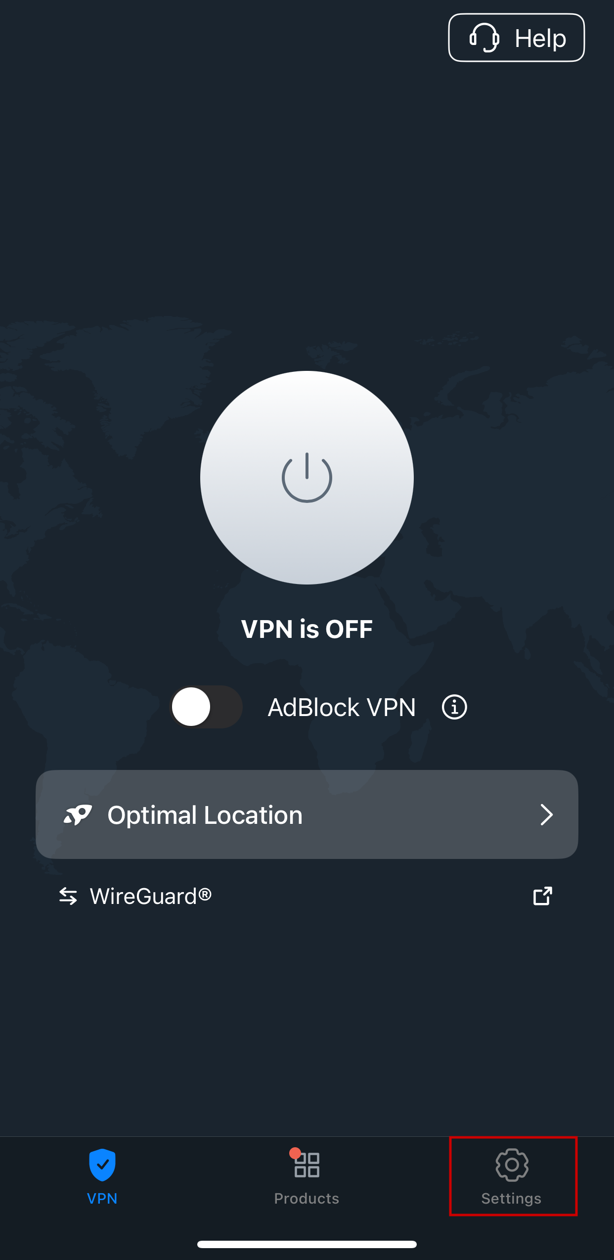 Main screen where Settings button is highlighted