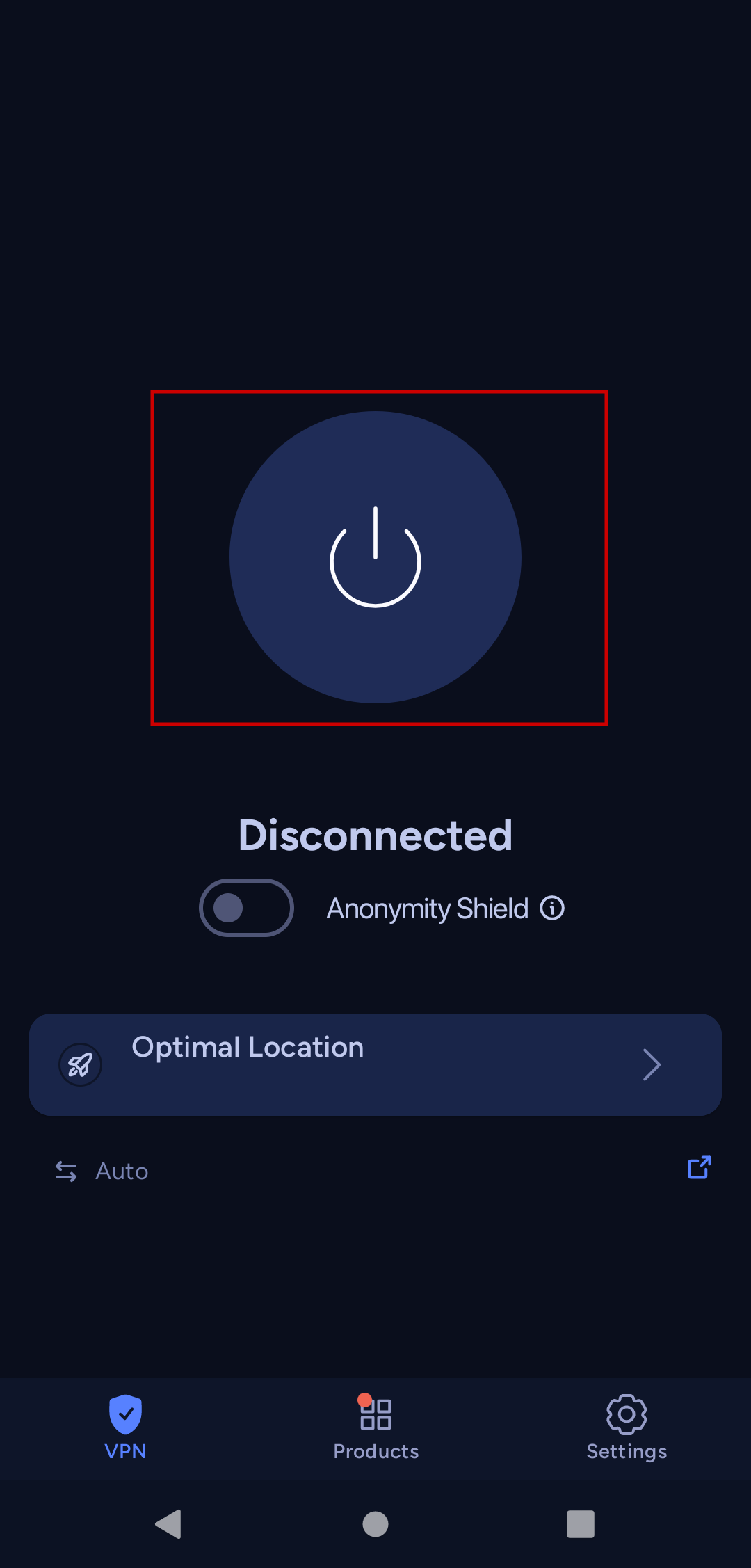 Main menu that highlights the connect button button
