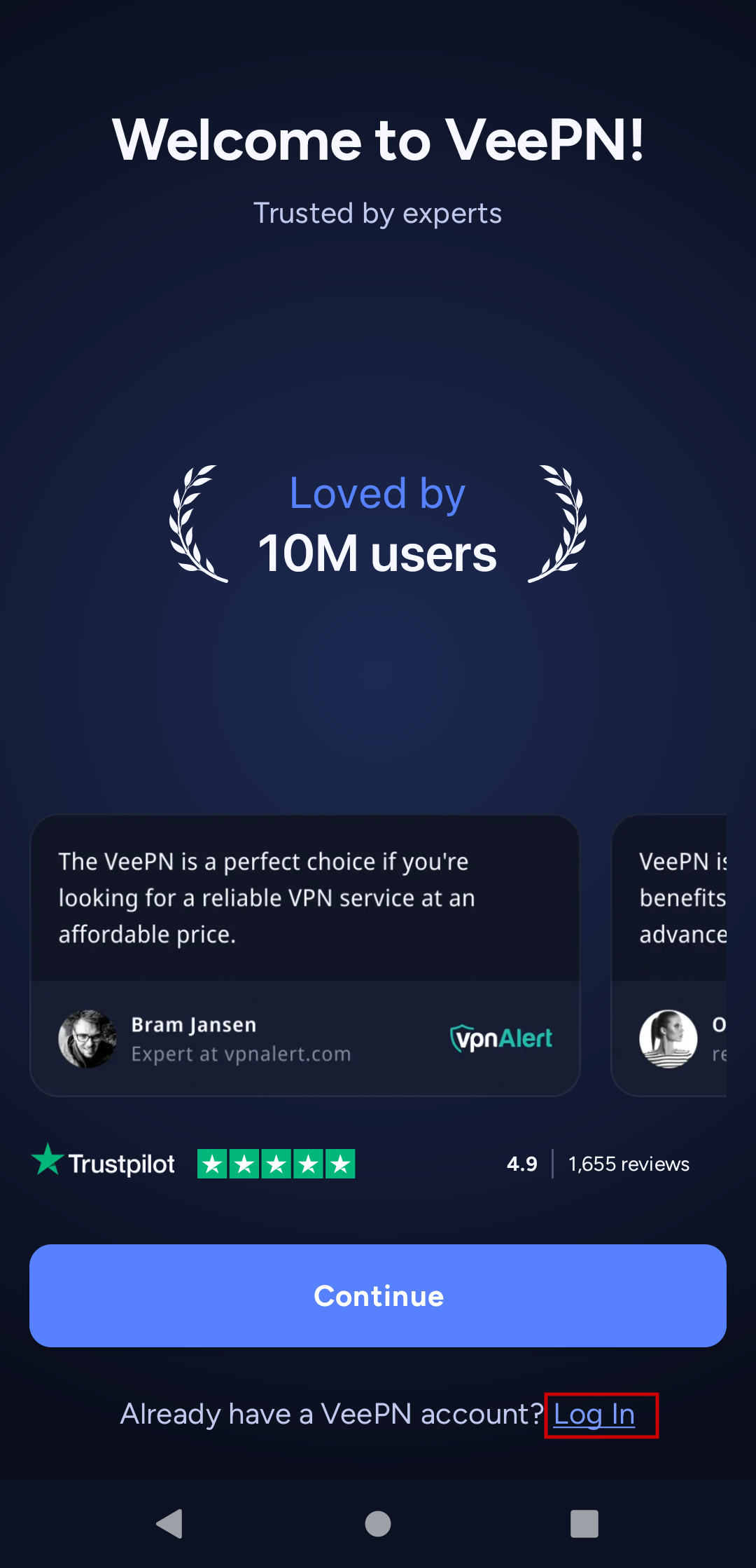 Welcome screen that user can see once the VeePN app for Android opened for the first time. 