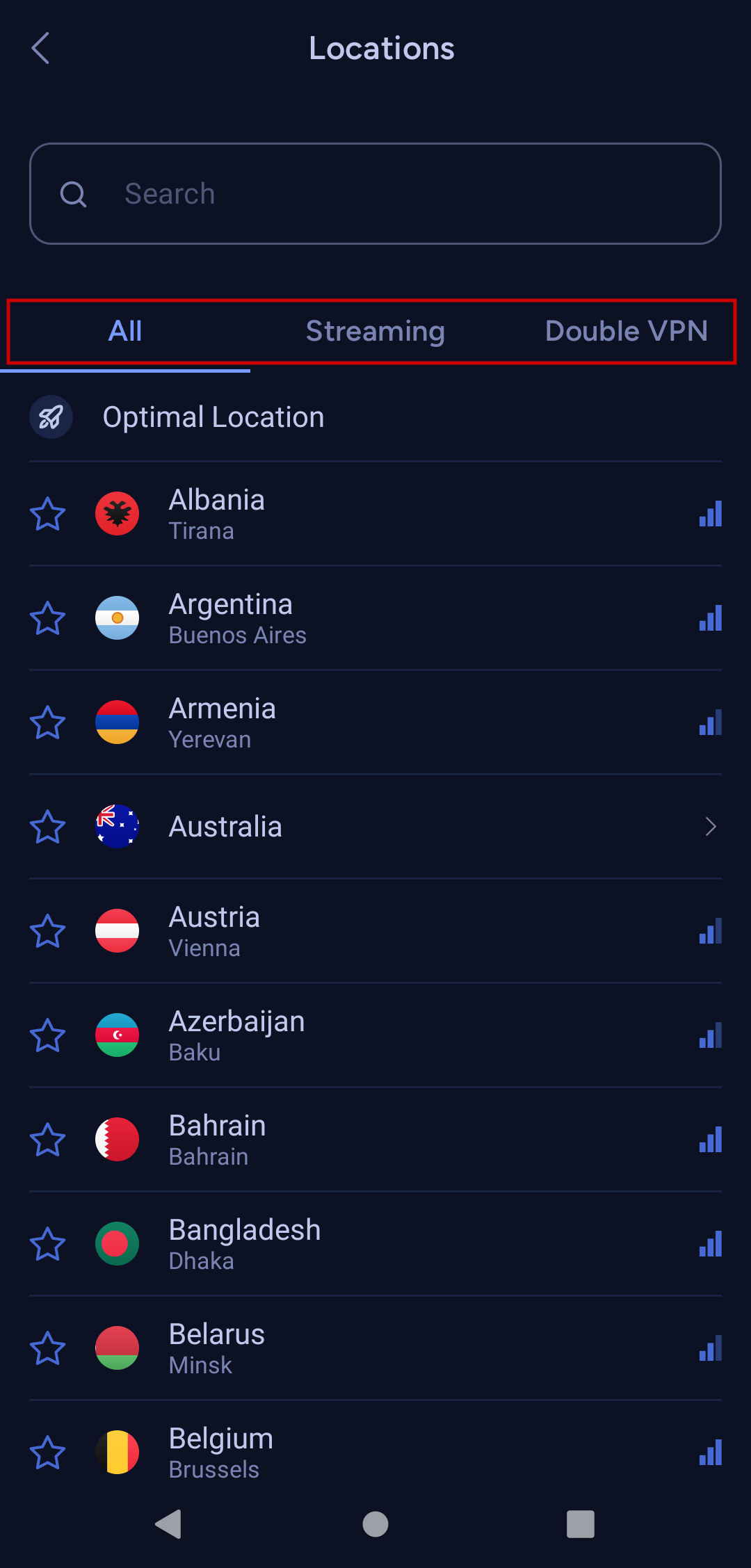 Location list with variety of locations and three tabs: All, Streaming and Double VPN