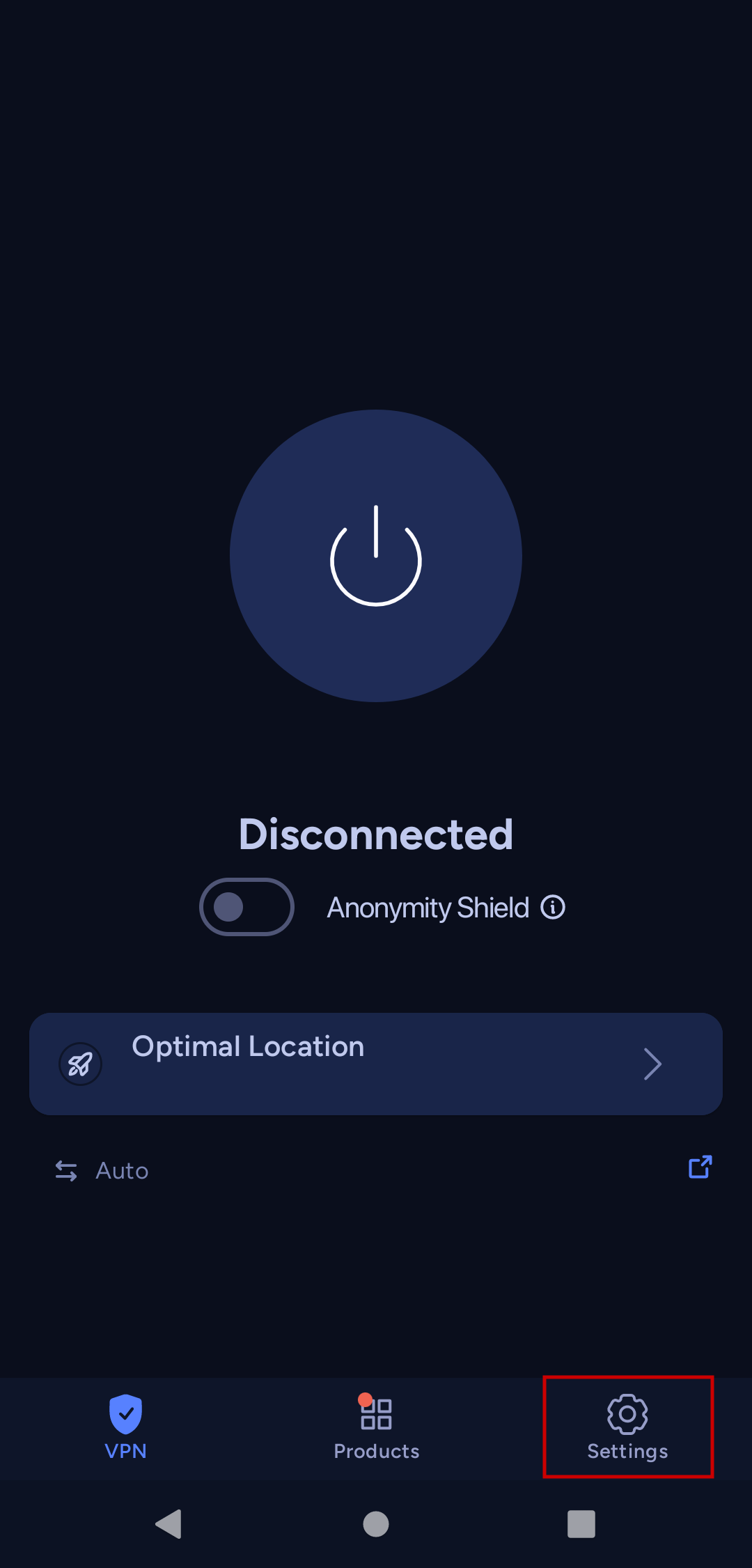 Main menu screen where  Settings button is highlighted
