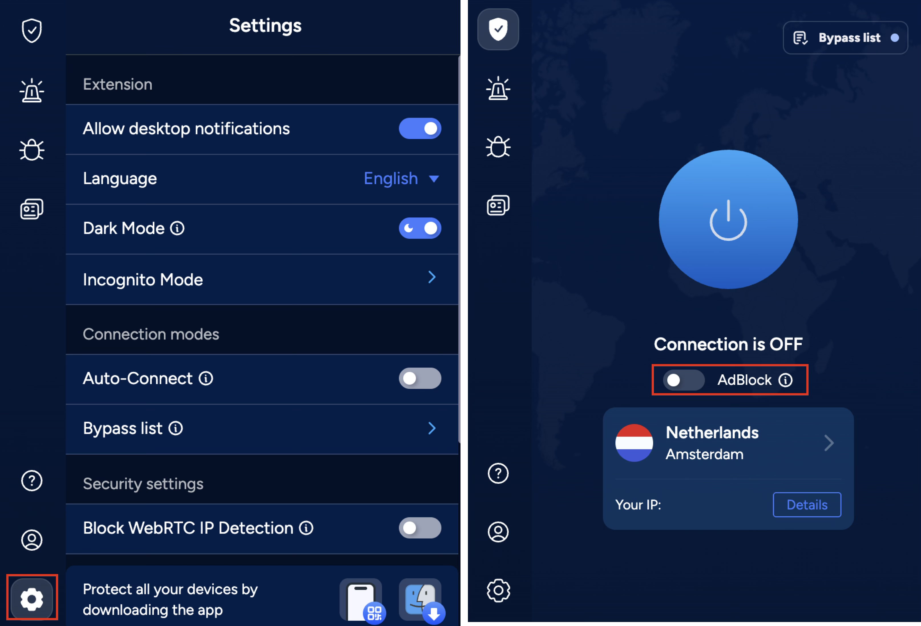 VeePN Edge Extension Manage Settings