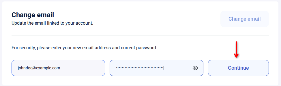The screenshot illustrates an example of the new email, entered password and the button "Continue" that needed to be clicked on to proceed with password change.
