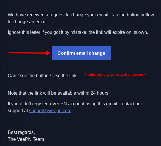 The screenshot illustrates the example email which includes the confirmation link that allows you to finish the email change process. 